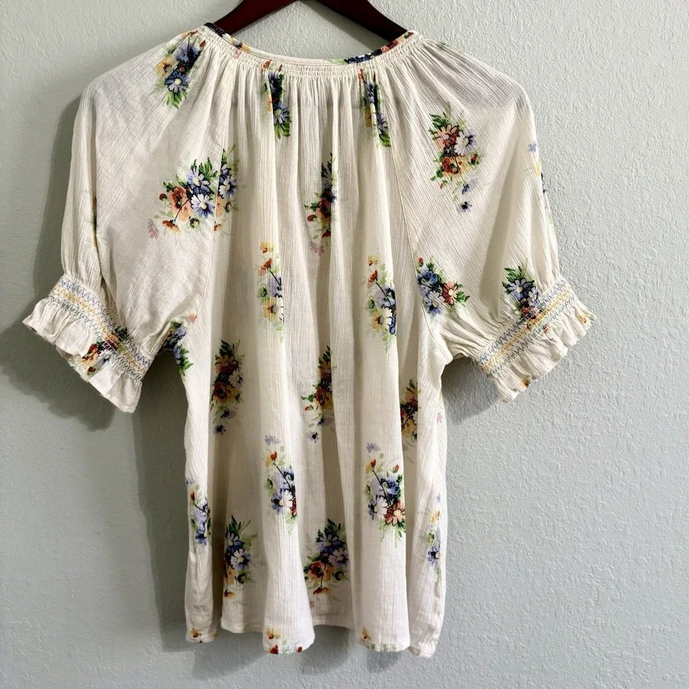 Madewell Floral Peasant Blouse Large Ivory Cotton Gauze Boho Cottagecore - Picture 6 of 9